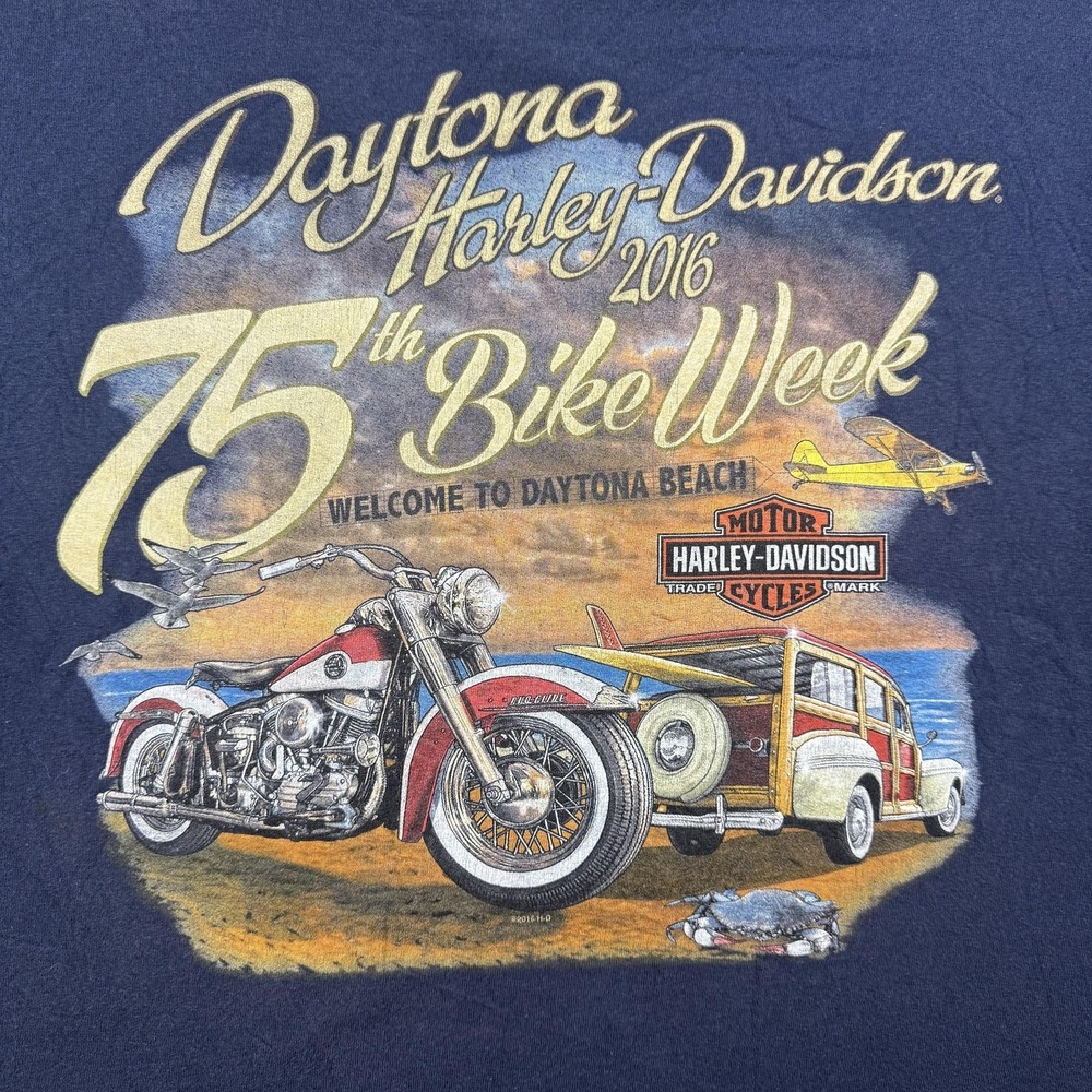 Harley-Davidson Shirt Mens XL Blue Daytona Beach 2016 75th Bike Week Graphic Tee